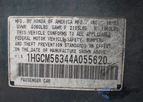 2004 Honda Accord 2.4 Lx z USA, uszkodzony, nr VIN 1HGCM56344A055620
